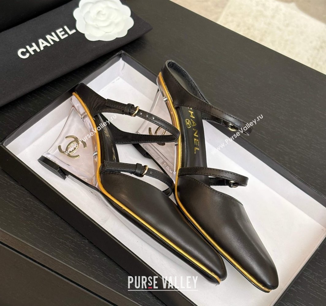 Chanel Calfskin Leather Wedge Mules with Buckle Strap and Clear Heel Black 2025 CH030321 (MD-250303136)