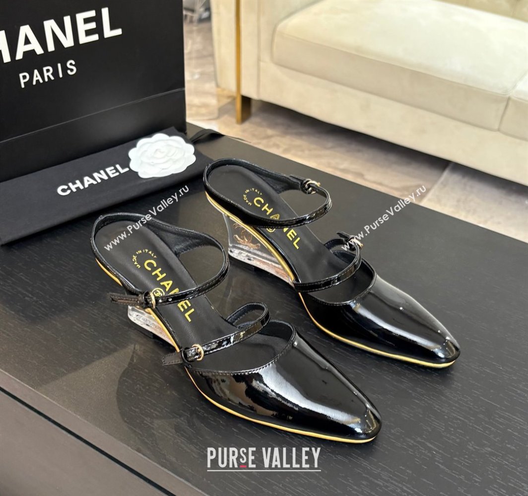 Chanel Patent Calfskin Wedge Mules with Buckle Strap and Clear Heel Black 2025 CH030321 (MD-250303138)
