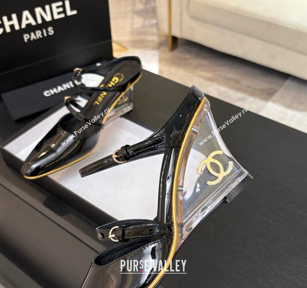 Chanel Patent Calfskin Wedge Mules with Buckle Strap and Clear Heel Black 2025 CH030321 (MD-250303138)