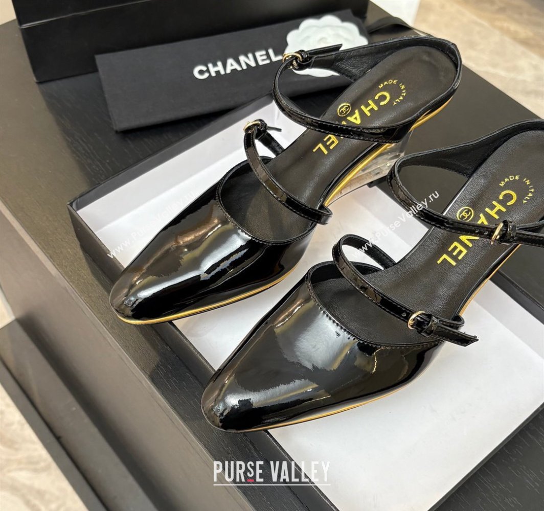 Chanel Patent Calfskin Wedge Mules with Buckle Strap and Clear Heel Black 2025 CH030321 (MD-250303138)