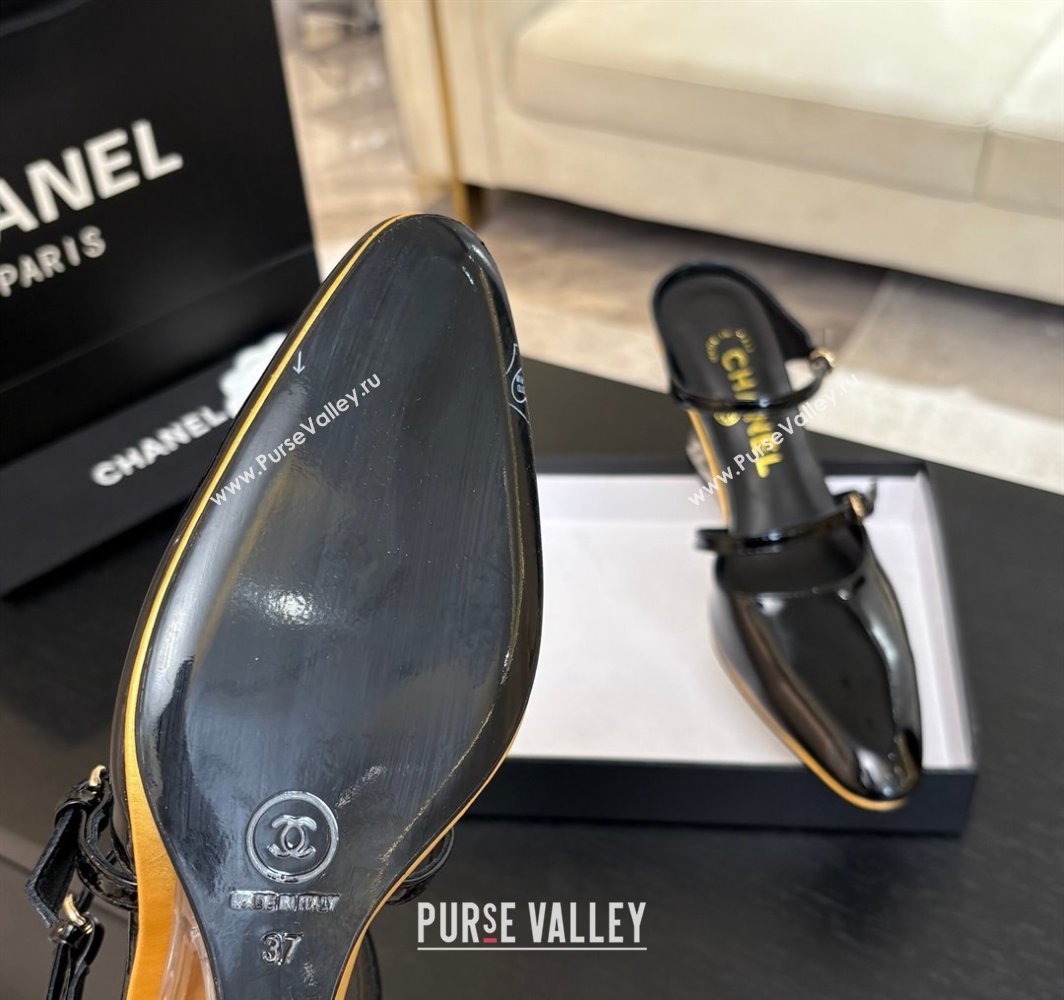 Chanel Patent Calfskin Wedge Mules with Buckle Strap and Clear Heel Black 2025 CH030321 (MD-250303138)