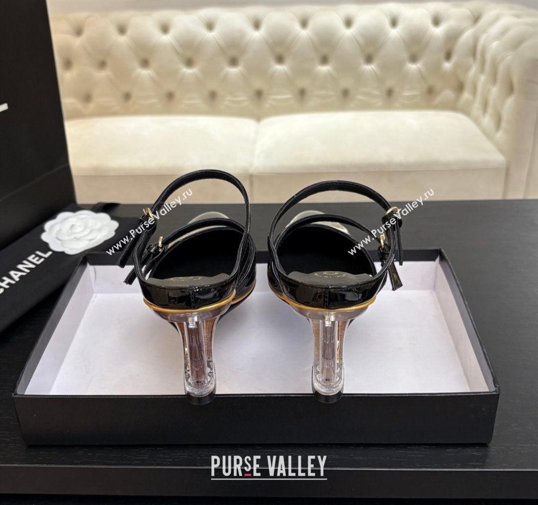 Chanel Patent Calfskin Wedge Mules with Buckle Strap and Clear Heel Black 2025 CH030321 (MD-250303138)