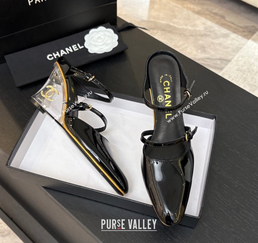 Chanel Patent Calfskin Wedge Mules with Buckle Strap and Clear Heel Black 2025 CH030321 (MD-250303138)