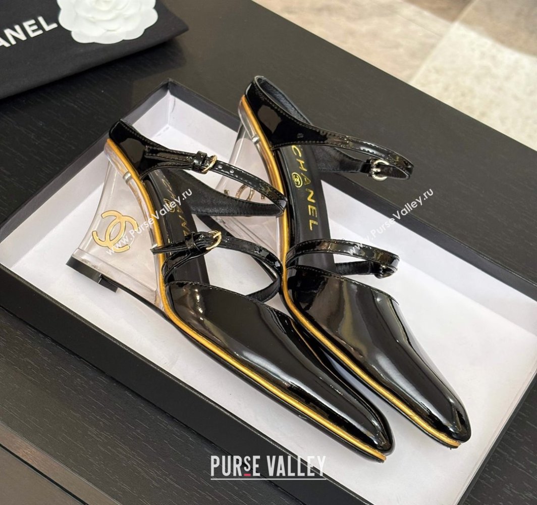 Chanel Patent Calfskin Wedge Mules with Buckle Strap and Clear Heel Black 2025 CH030321 (MD-250303138)
