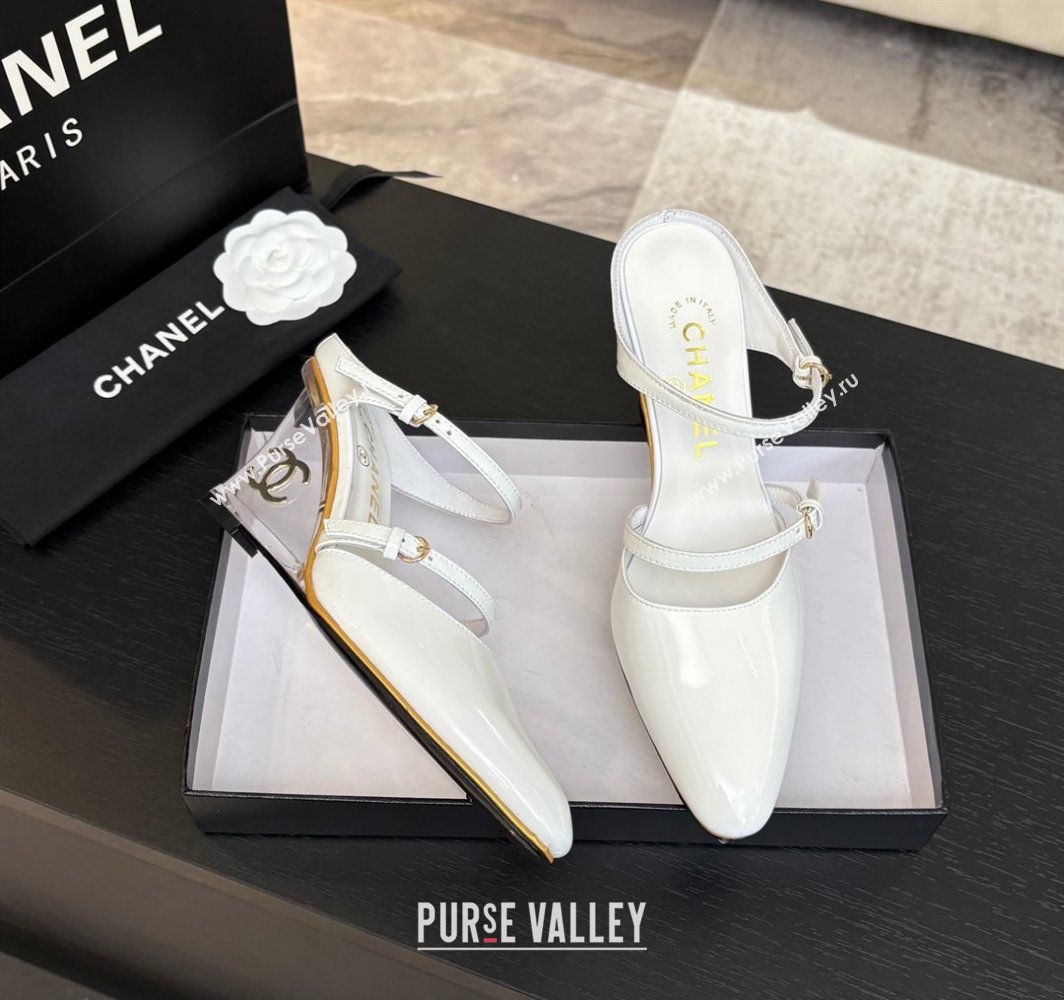 Chanel Patent Calfskin Wedge Mules with Buckle Strap and Clear Heel White 2025 CH030321 (MD-250303140)