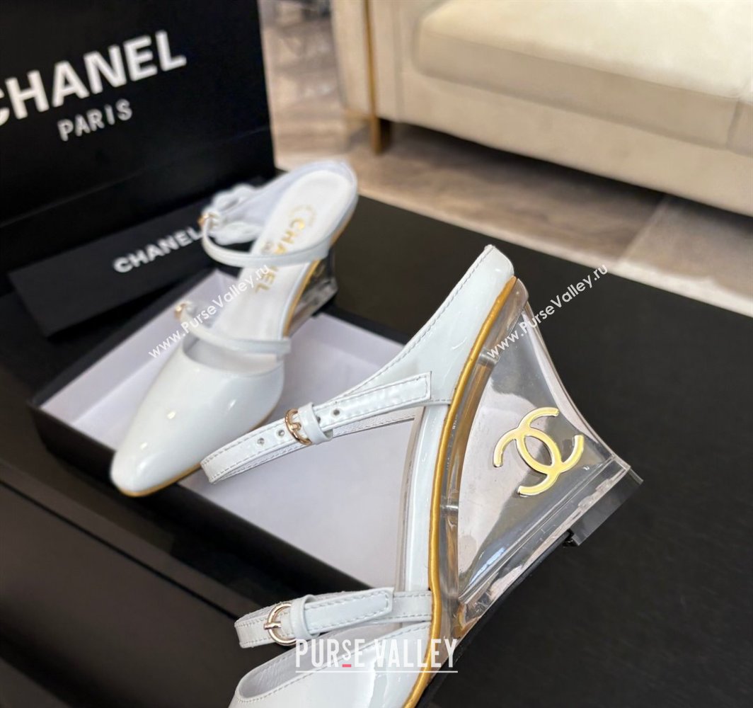 Chanel Patent Calfskin Wedge Mules with Buckle Strap and Clear Heel White 2025 CH030321 (MD-250303140)