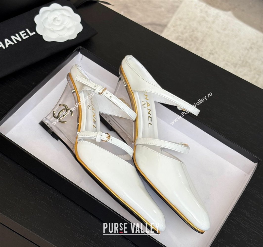 Chanel Patent Calfskin Wedge Mules with Buckle Strap and Clear Heel White 2025 CH030321 (MD-250303140)