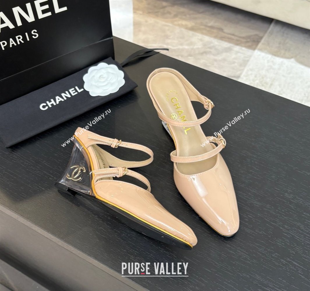 Chanel Patent Calfskin Wedge Mules with Buckle Strap and Clear Heel Nude 2025 CH030321 (MD-250303141)