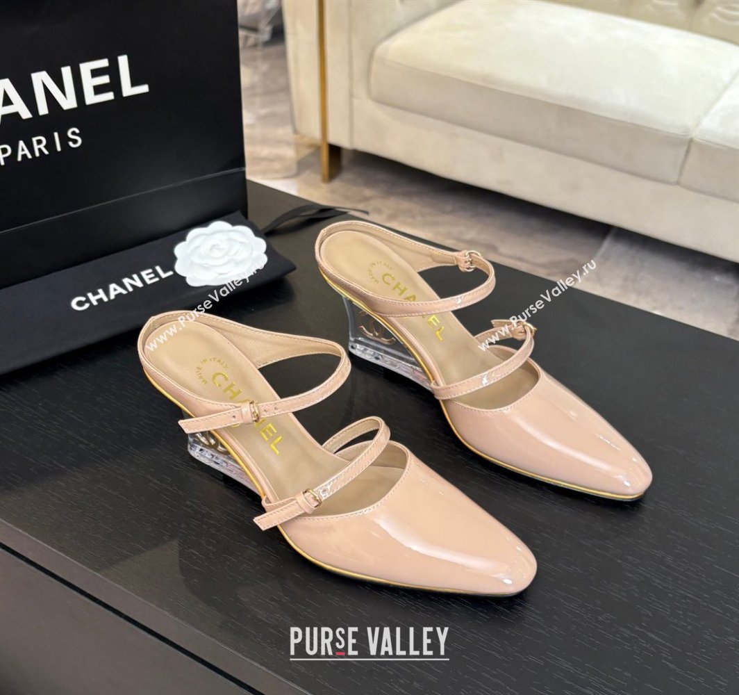 Chanel Patent Calfskin Wedge Mules with Buckle Strap and Clear Heel Nude 2025 CH030321 (MD-250303141)