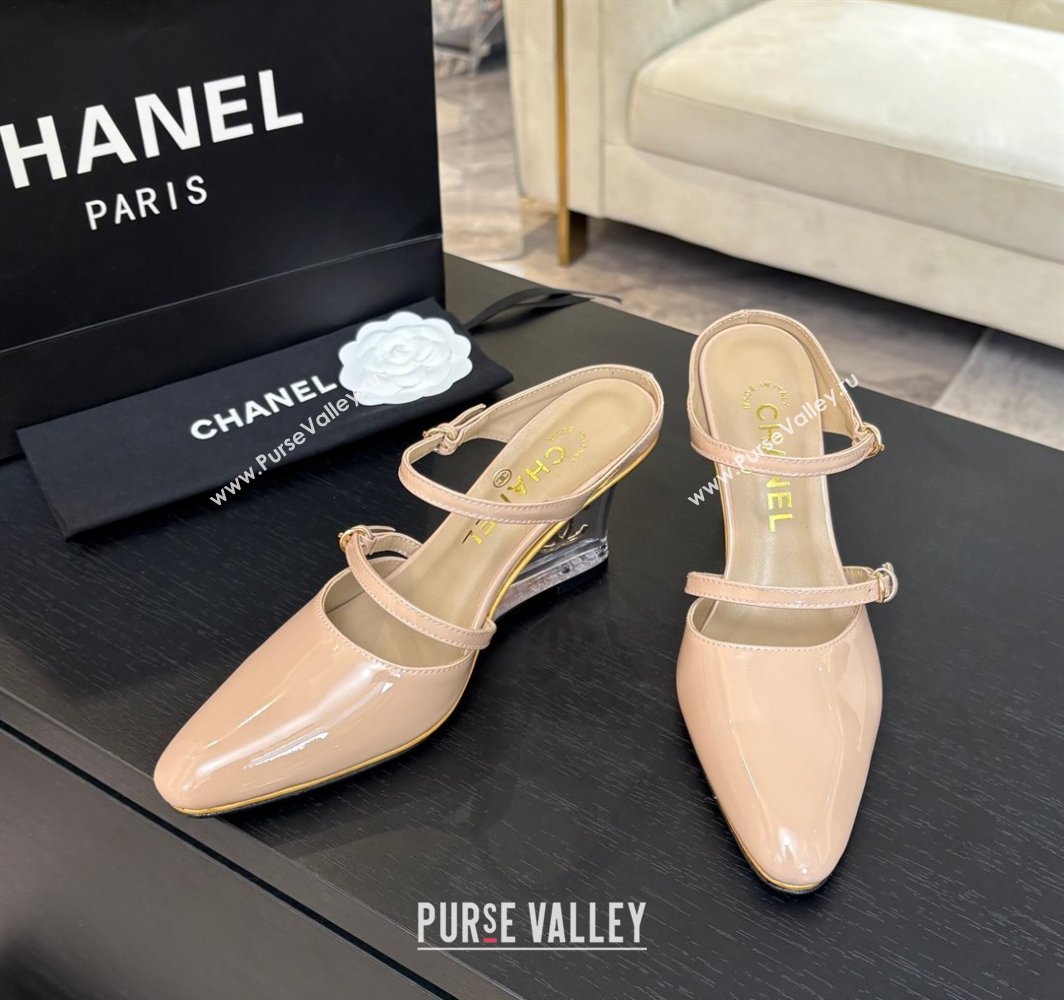 Chanel Patent Calfskin Wedge Mules with Buckle Strap and Clear Heel Nude 2025 CH030321 (MD-250303141)
