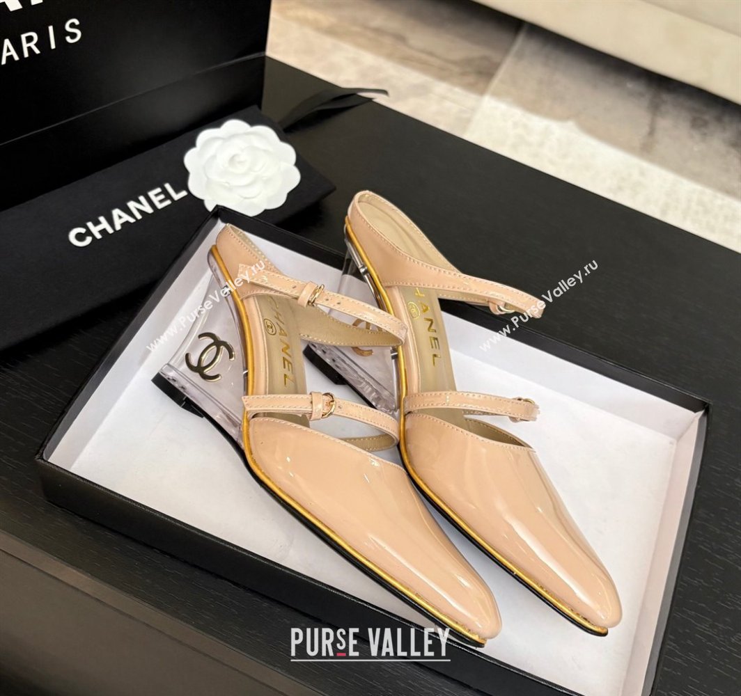 Chanel Patent Calfskin Wedge Mules with Buckle Strap and Clear Heel Nude 2025 CH030321 (MD-250303141)