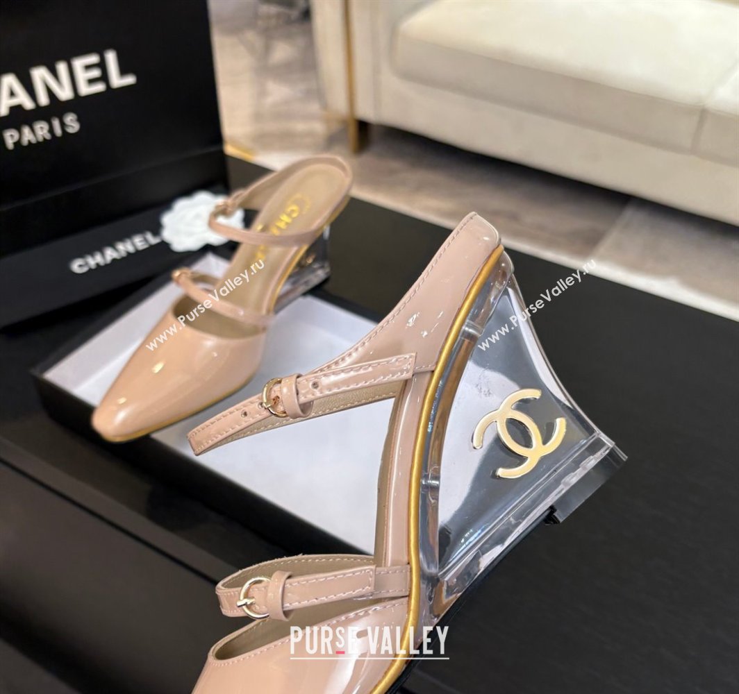 Chanel Patent Calfskin Wedge Mules with Buckle Strap and Clear Heel Nude 2025 CH030321 (MD-250303141)