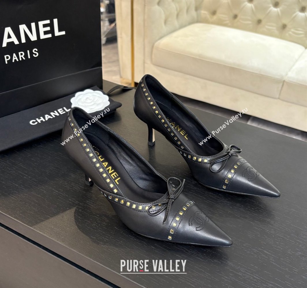 Chanel Lambskin Pumps 6.5cm with Studs and Bow Black 2025 CH030322 (MD-250303144)