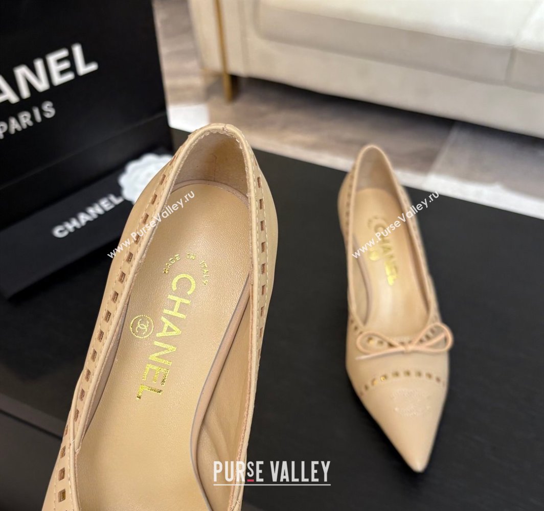 Chanel Lambskin Pumps 6.5cm with Studs and Bow Beige 2025 CH030322 (MD-250303145)