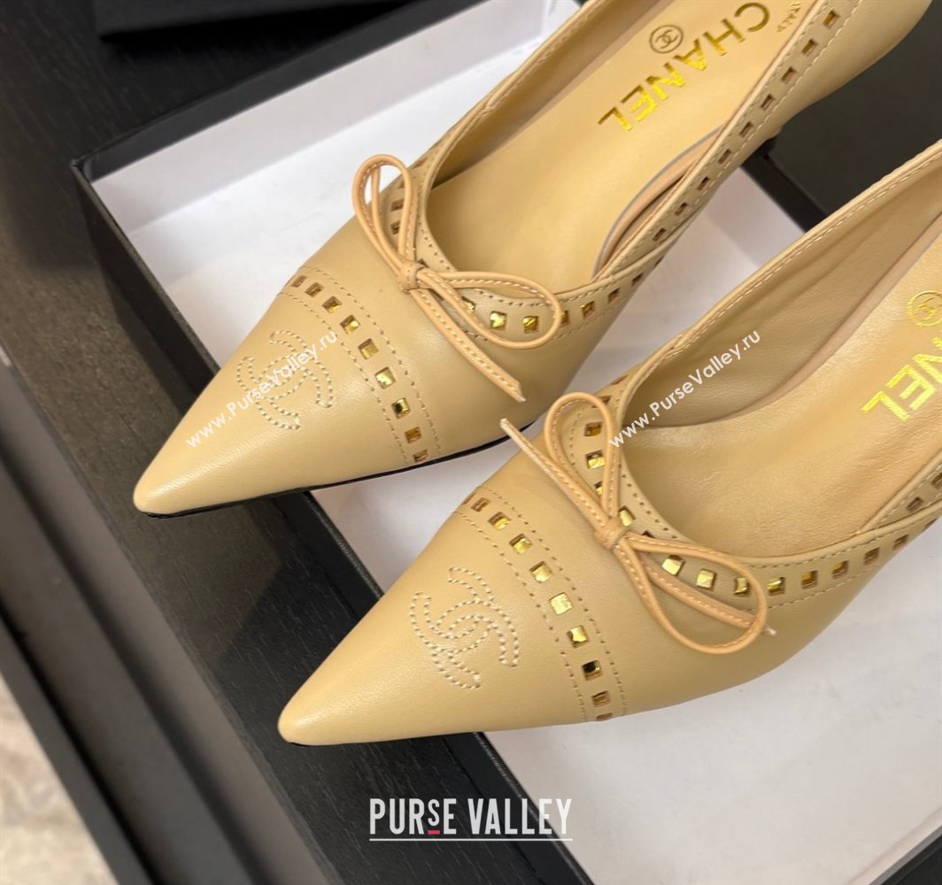 Chanel Lambskin Pumps 6.5cm with Studs and Bow Beige 2025 CH030322 (MD-250303145)