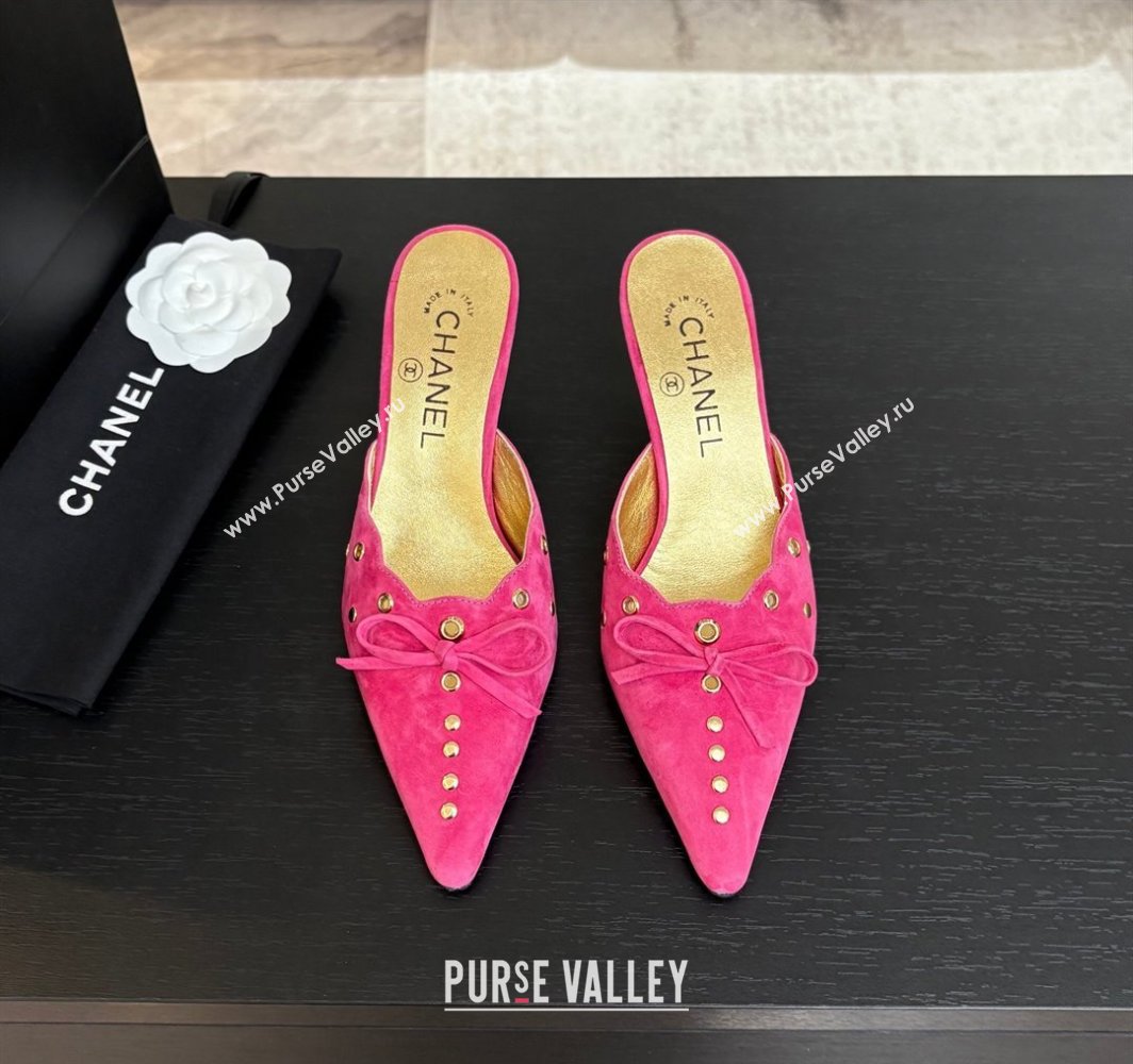 Chanel Suede Heel Mules 6.5cm with Eyelets and Bow Dark Pink 2025 CH030323 (MD-250303147)