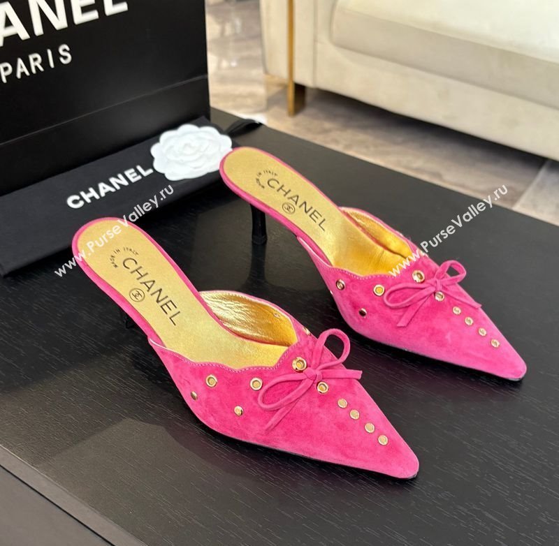 Chanel Suede Heel Mules 6.5cm with Eyelets and Bow Dark Pink 2025 CH030323 (MD-250303147)