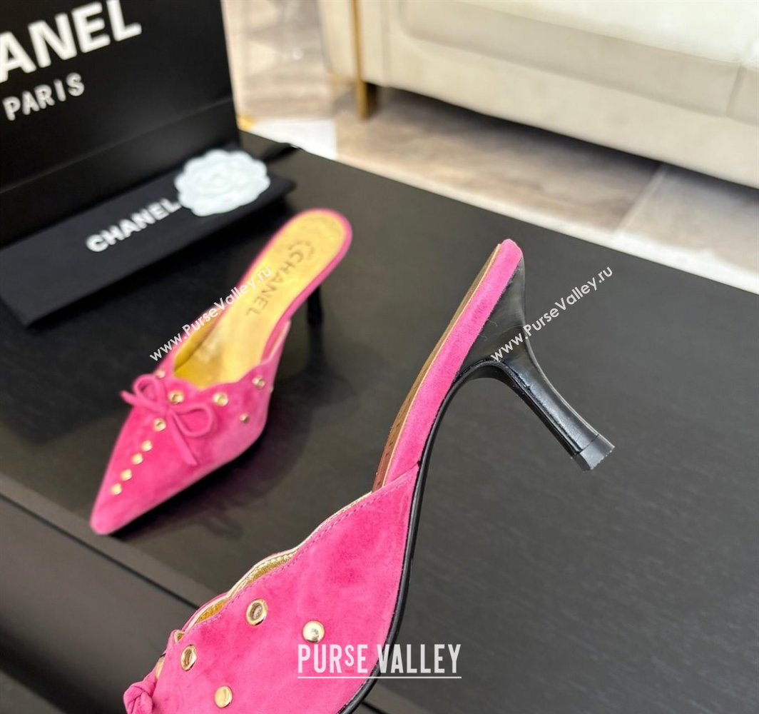 Chanel Suede Heel Mules 6.5cm with Eyelets and Bow Dark Pink 2025 CH030323 (MD-250303147)