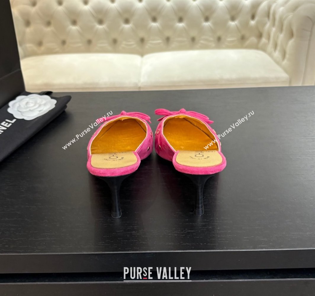Chanel Suede Heel Mules 6.5cm with Eyelets and Bow Dark Pink 2025 CH030323 (MD-250303147)