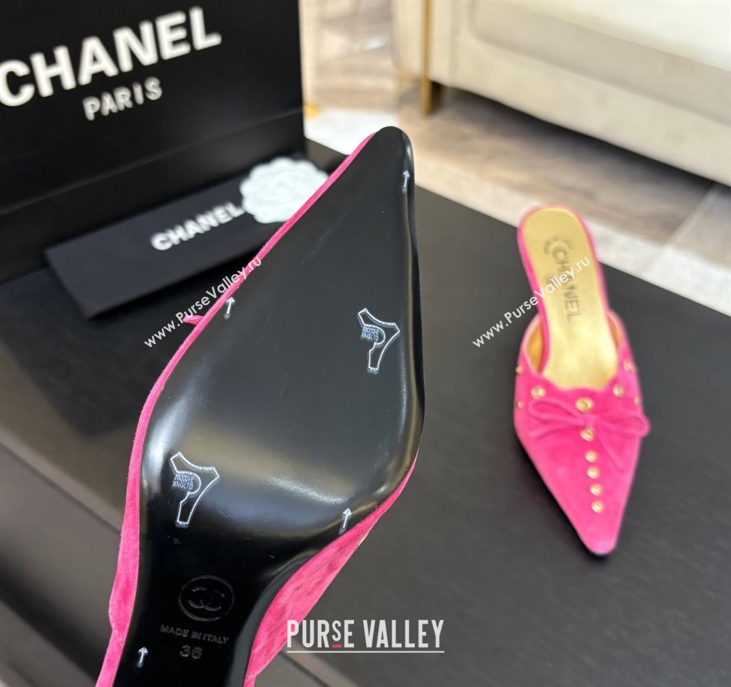 Chanel Suede Heel Mules 6.5cm with Eyelets and Bow Dark Pink 2025 CH030323 (MD-250303147)