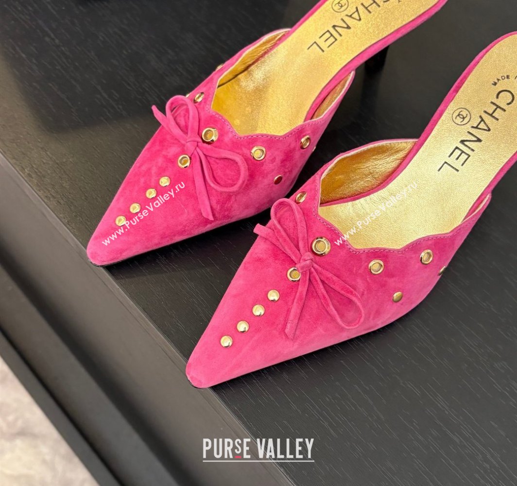 Chanel Suede Heel Mules 6.5cm with Eyelets and Bow Dark Pink 2025 CH030323 (MD-250303147)