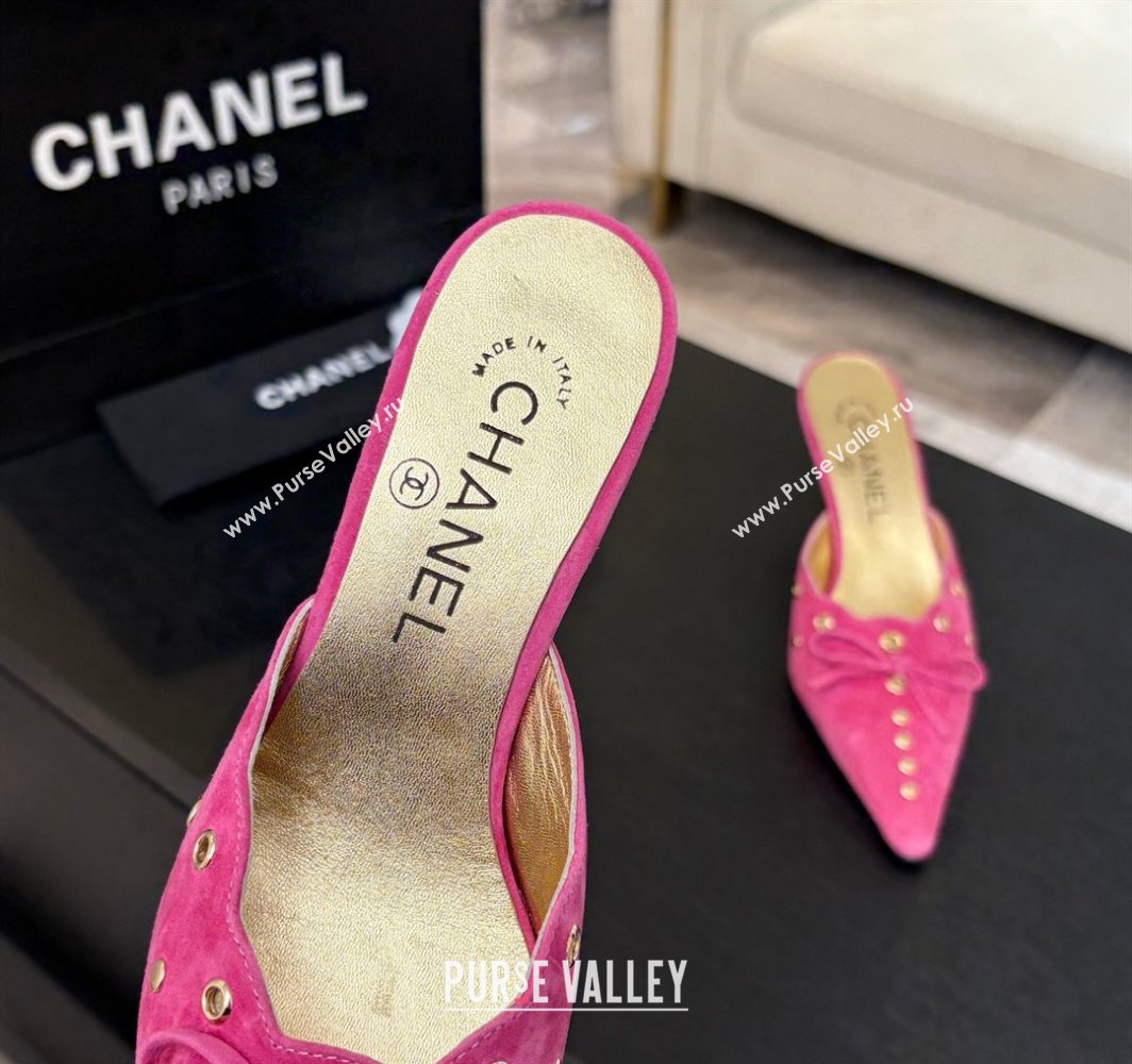 Chanel Suede Heel Mules 6.5cm with Eyelets and Bow Dark Pink 2025 CH030323 (MD-250303147)