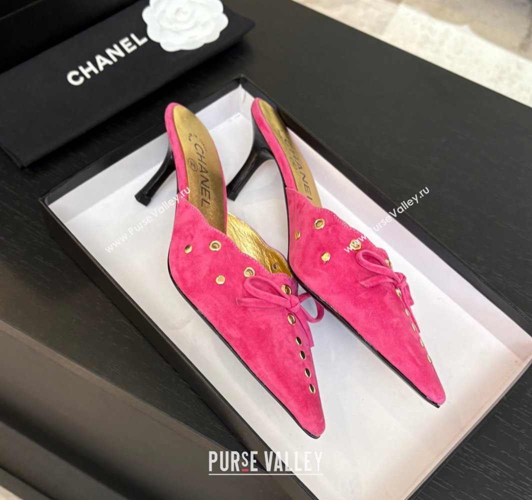 Chanel Suede Heel Mules 6.5cm with Eyelets and Bow Dark Pink 2025 CH030323 (MD-250303147)