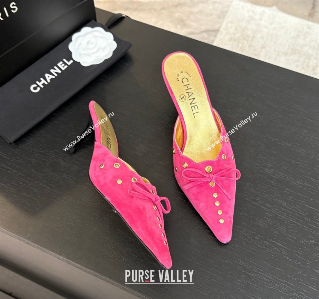Chanel Suede Heel Mules 6.5cm with Eyelets and Bow Dark Pink 2025 CH030323 (MD-250303147)