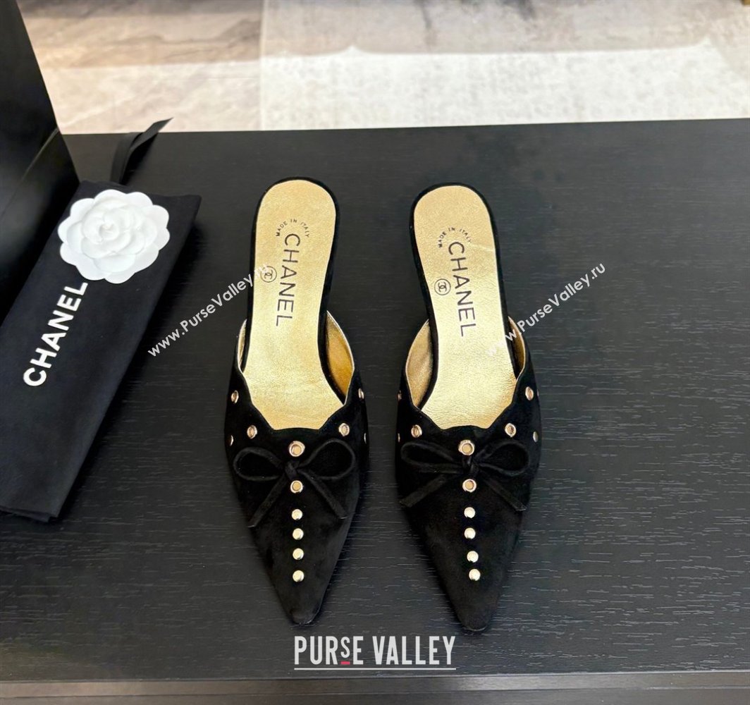 Chanel Suede Heel Mules 6.5cm with Eyelets and Bow Black 2025 CH030323 (MD-250303148)