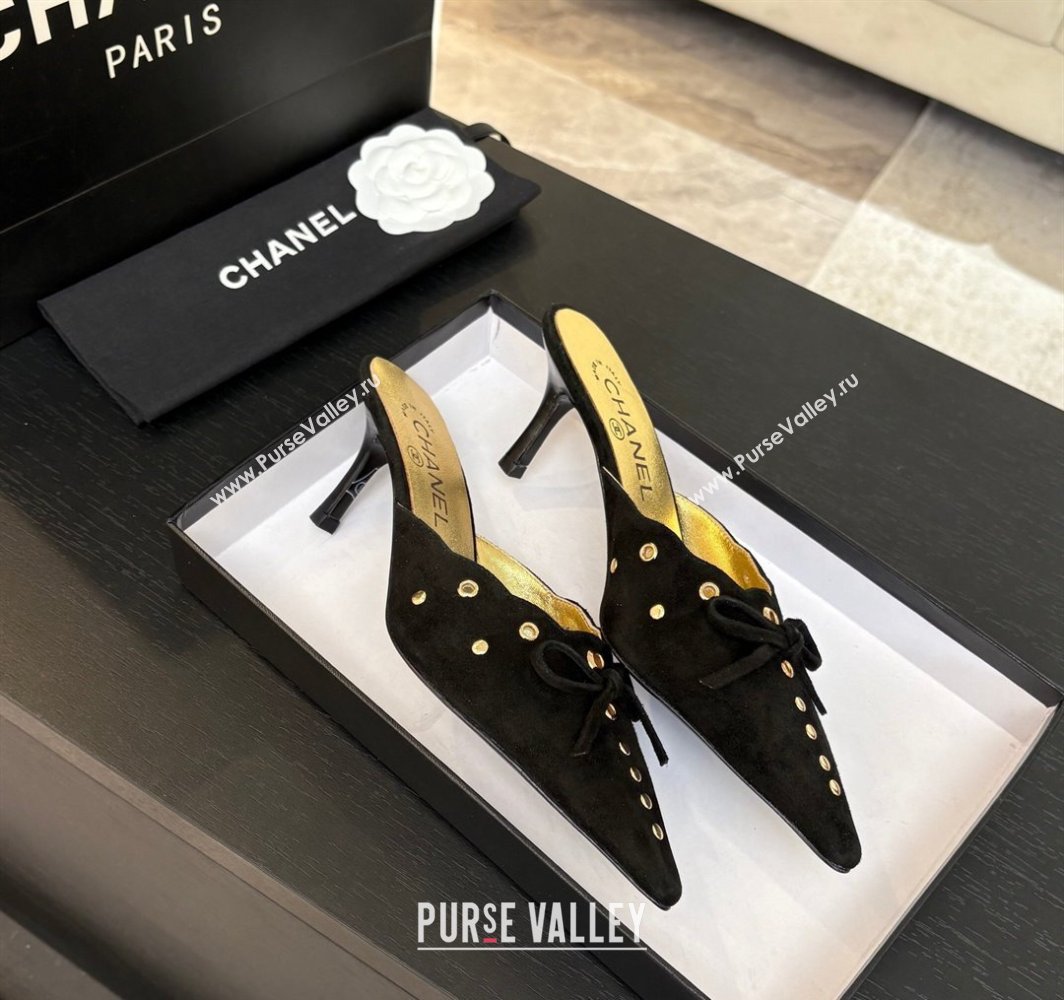Chanel Suede Heel Mules 6.5cm with Eyelets and Bow Black 2025 CH030323 (MD-250303148)