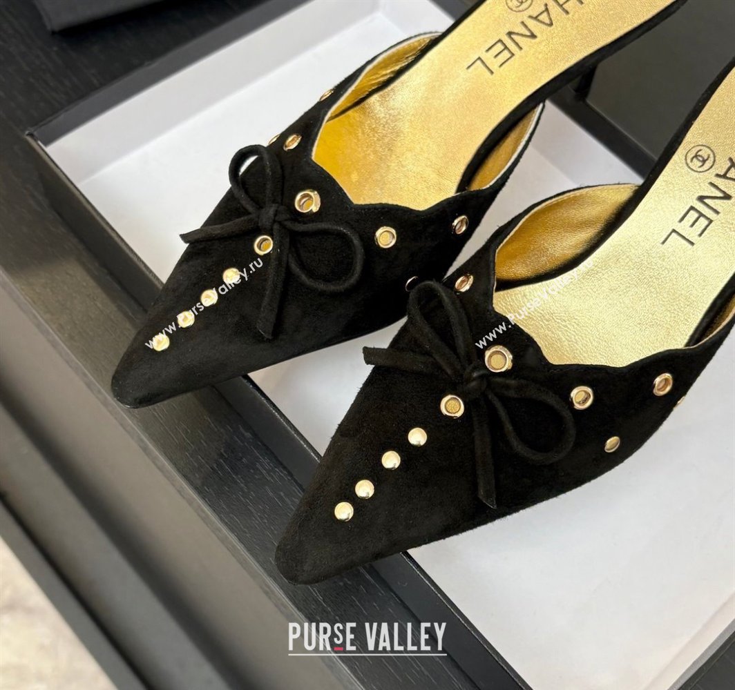 Chanel Suede Heel Mules 6.5cm with Eyelets and Bow Black 2025 CH030323 (MD-250303148)