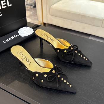 Chanel Suede Heel Mules 6.5cm with Eyelets and Bow Black 2025 CH030323 (MD-250303148)
