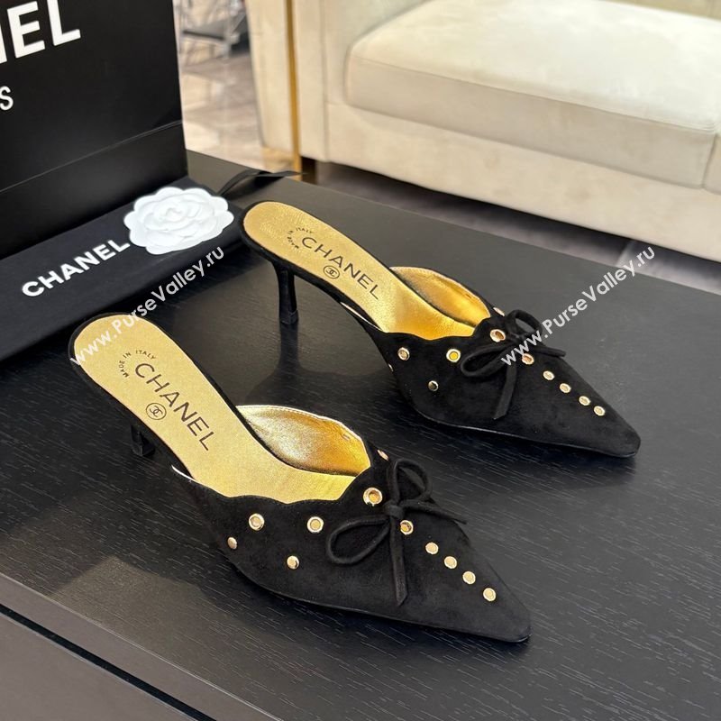 Chanel Suede Heel Mules 6.5cm with Eyelets and Bow Black 2025 CH030323 (MD-250303148)
