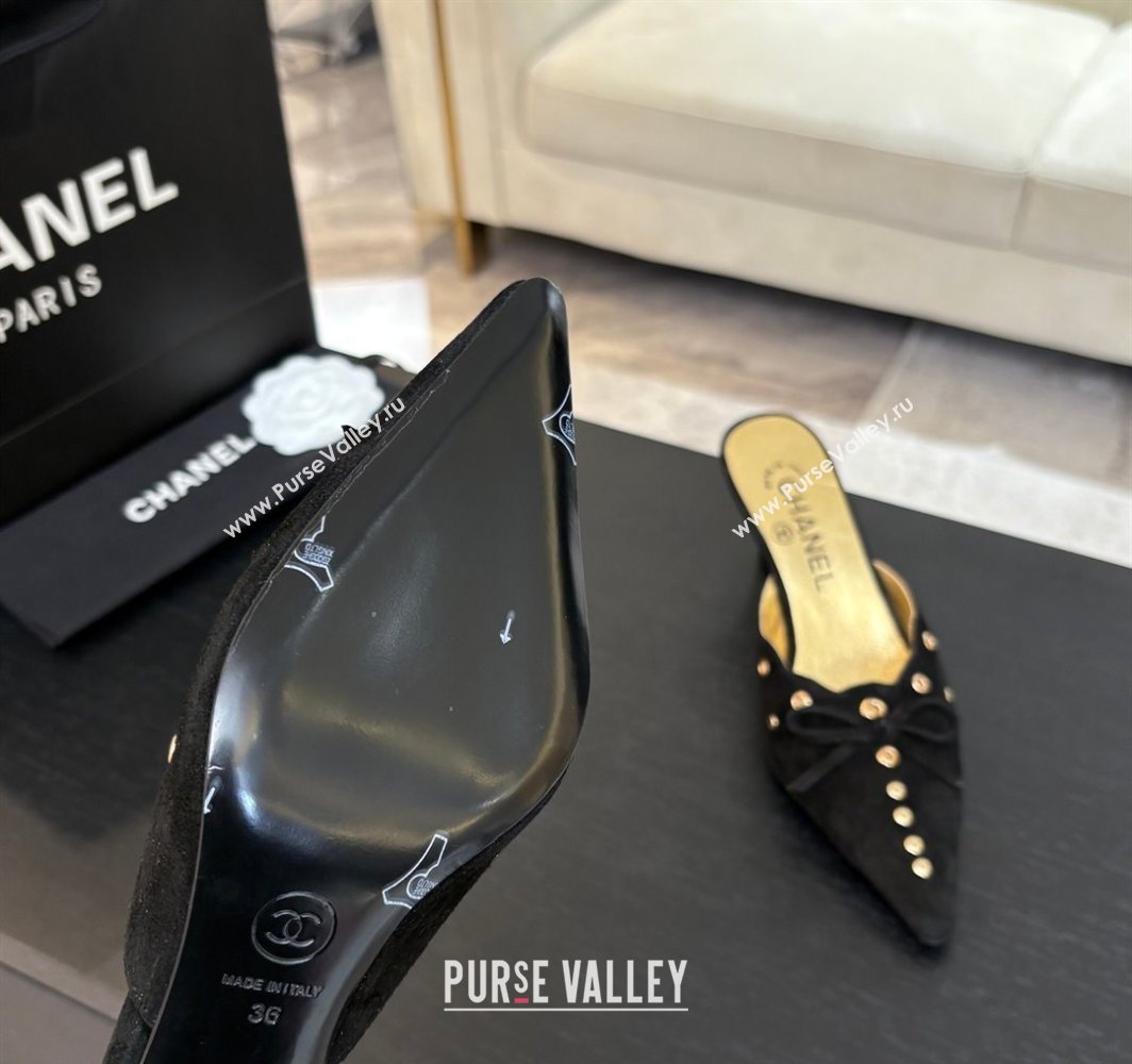 Chanel Suede Heel Mules 6.5cm with Eyelets and Bow Black 2025 CH030323 (MD-250303148)