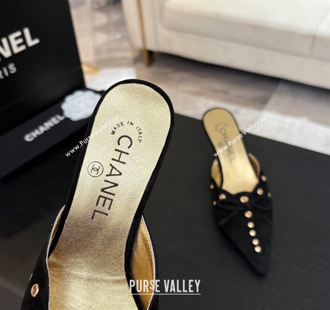Chanel Suede Heel Mules 6.5cm with Eyelets and Bow Black 2025 CH030323 (MD-250303148)