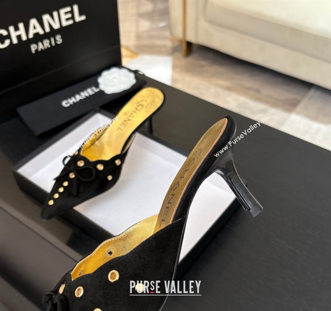 Chanel Suede Heel Mules 6.5cm with Eyelets and Bow Black 2025 CH030323 (MD-250303148)