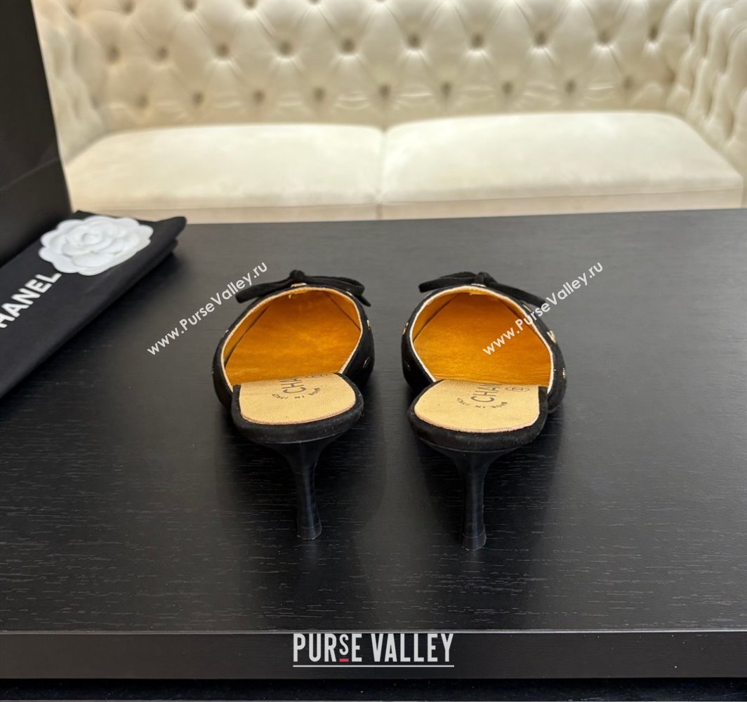 Chanel Suede Heel Mules 6.5cm with Eyelets and Bow Black 2025 CH030323 (MD-250303148)