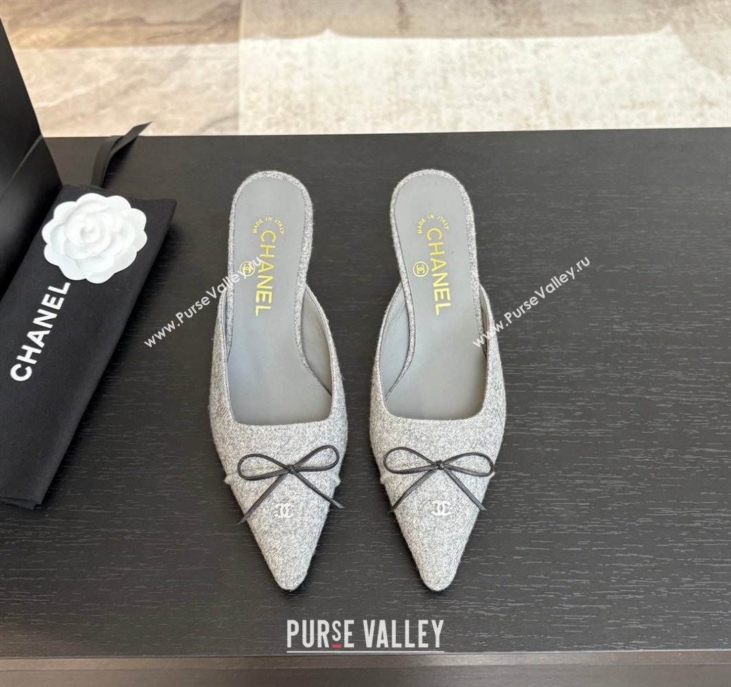 Chanel Fabric Heel Mules 6.5cm with Eyelets and Bow Light Grey 2025 CH030323 (MD-250303150)