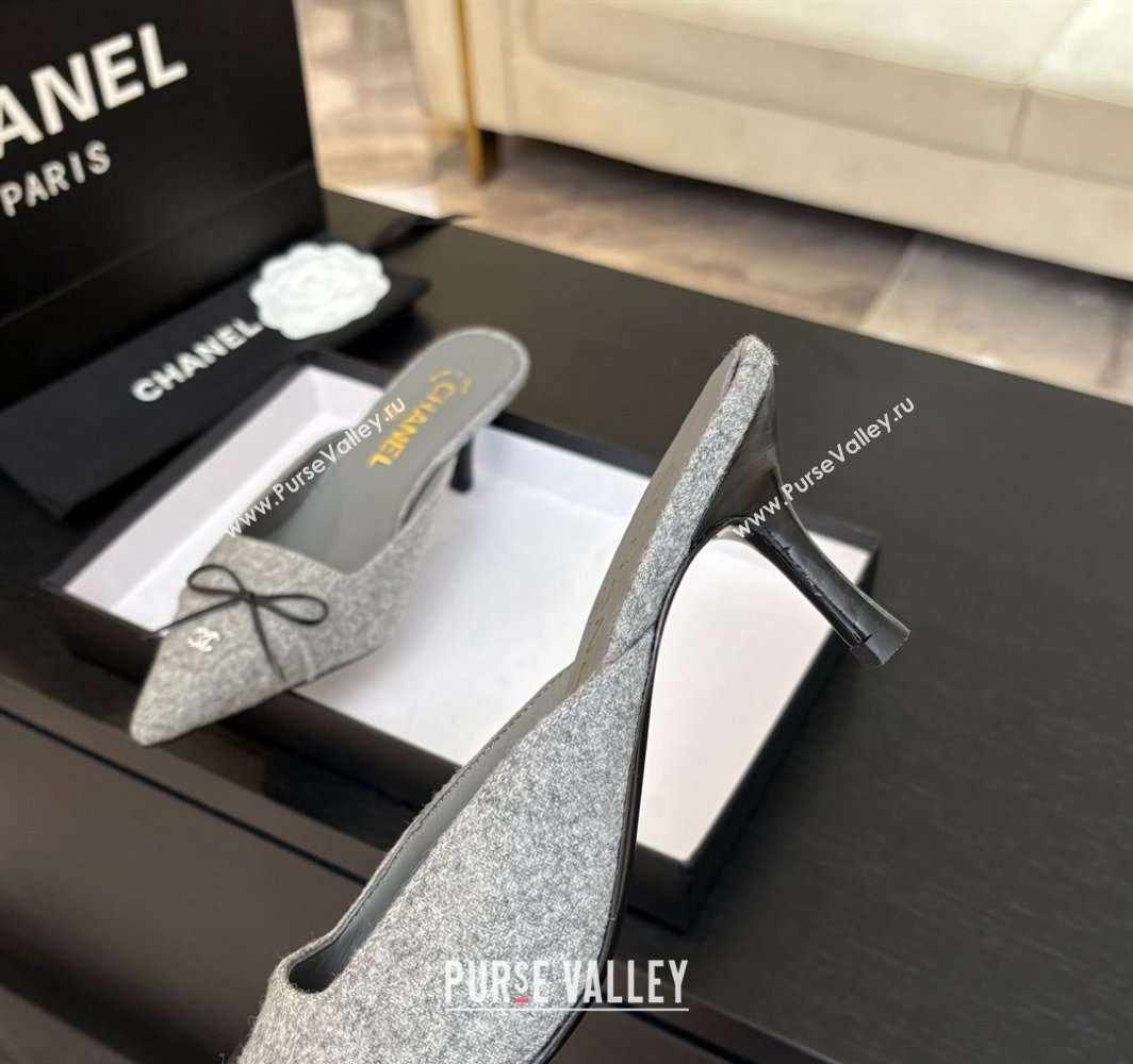 Chanel Fabric Heel Mules 6.5cm with Eyelets and Bow Light Grey 2025 CH030323 (MD-250303150)