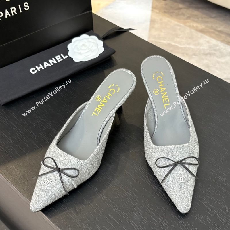 Chanel Fabric Heel Mules 6.5cm with Eyelets and Bow Light Grey 2025 CH030323 (MD-250303150)