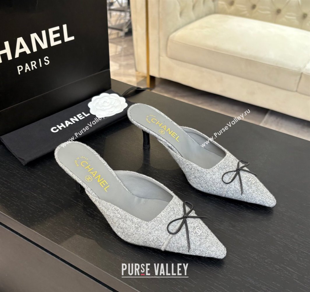 Chanel Fabric Heel Mules 6.5cm with Eyelets and Bow Light Grey 2025 CH030323 (MD-250303150)