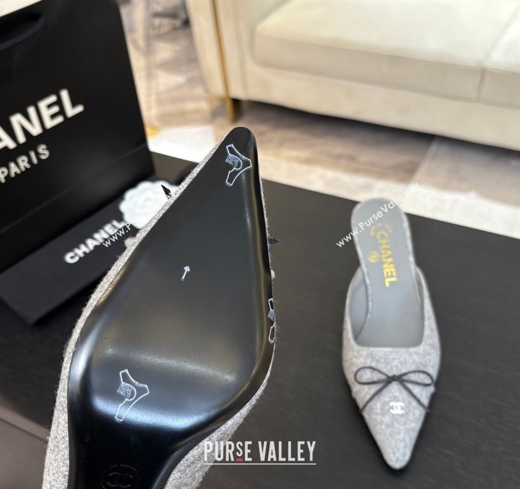 Chanel Fabric Heel Mules 6.5cm with Eyelets and Bow Light Grey 2025 CH030323 (MD-250303150)