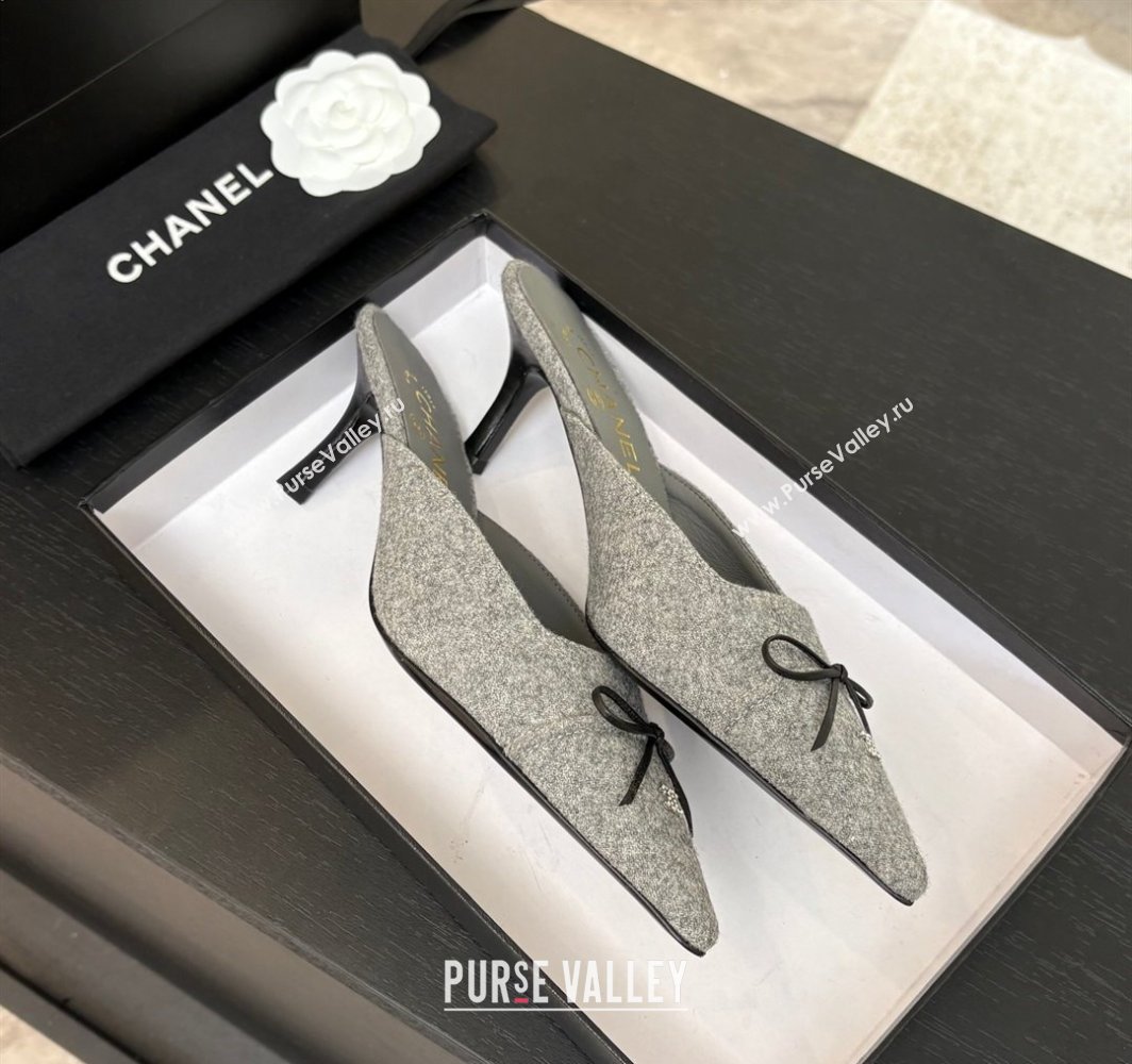 Chanel Fabric Heel Mules 6.5cm with Eyelets and Bow Light Grey 2025 CH030323 (MD-250303150)