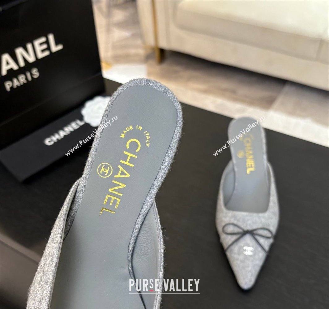 Chanel Fabric Heel Mules 6.5cm with Eyelets and Bow Light Grey 2025 CH030323 (MD-250303150)