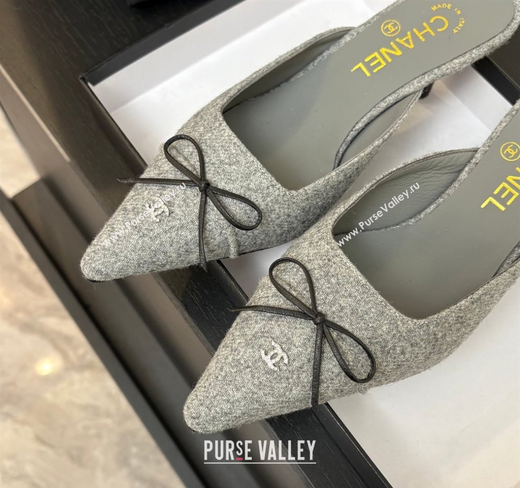 Chanel Fabric Heel Mules 6.5cm with Eyelets and Bow Light Grey 2025 CH030323 (MD-250303150)