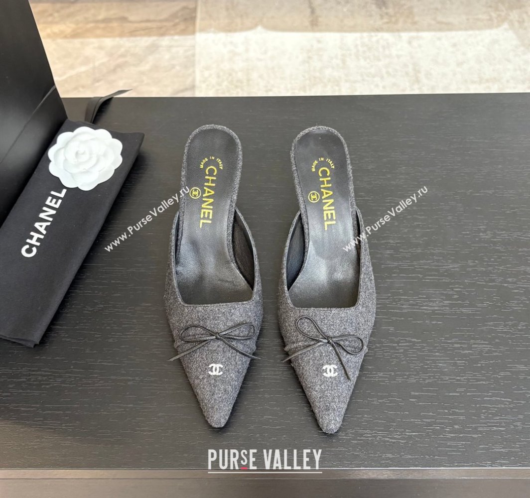 Chanel Fabric Heel Mules 6.5cm with Eyelets and Bow Dark Grey 2025 CH030323 (MD-250303151)