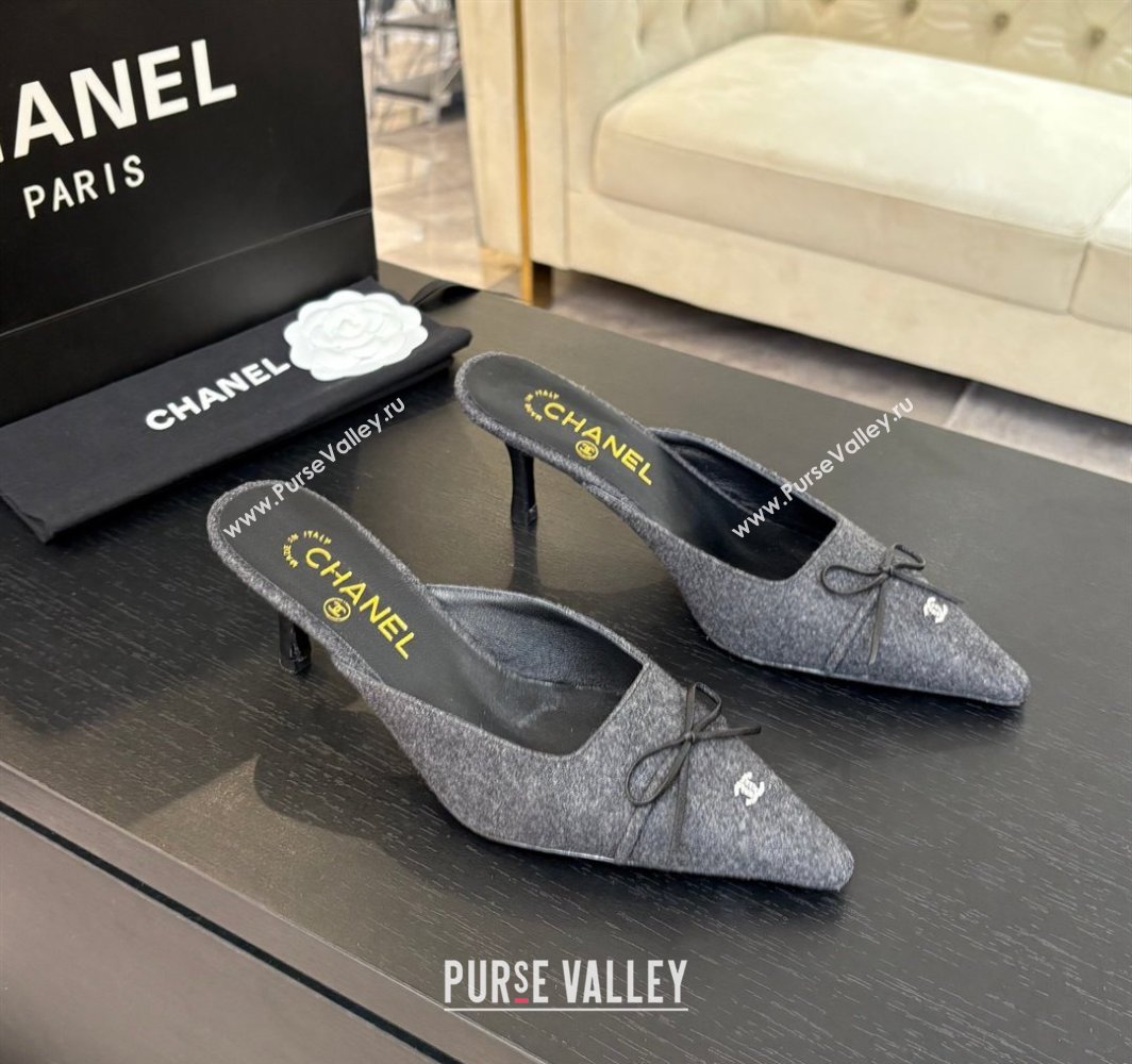 Chanel Fabric Heel Mules 6.5cm with Eyelets and Bow Dark Grey 2025 CH030323 (MD-250303151)