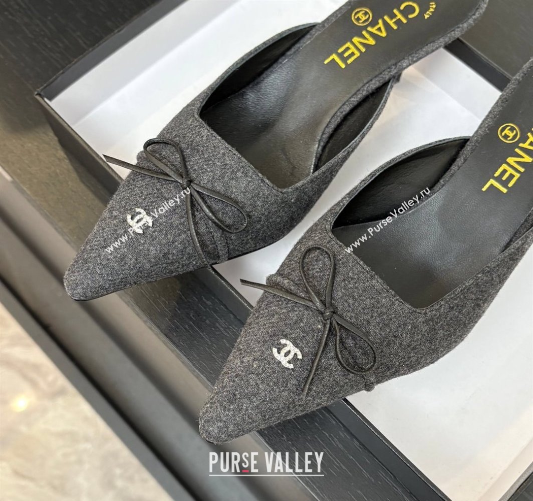 Chanel Fabric Heel Mules 6.5cm with Eyelets and Bow Dark Grey 2025 CH030323 (MD-250303151)