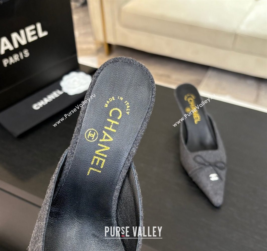 Chanel Fabric Heel Mules 6.5cm with Eyelets and Bow Dark Grey 2025 CH030323 (MD-250303151)