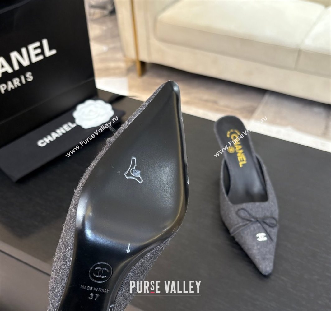 Chanel Fabric Heel Mules 6.5cm with Eyelets and Bow Dark Grey 2025 CH030323 (MD-250303151)